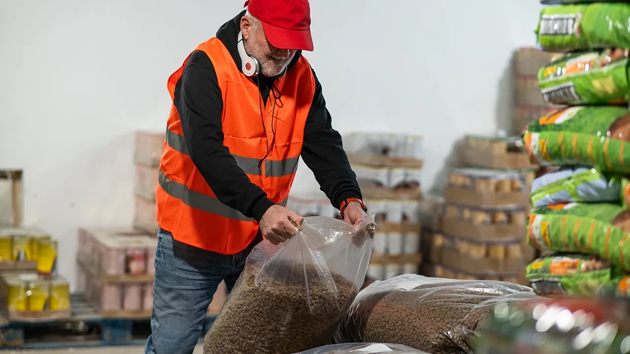 warehouse worker picking up a bag of animal feed