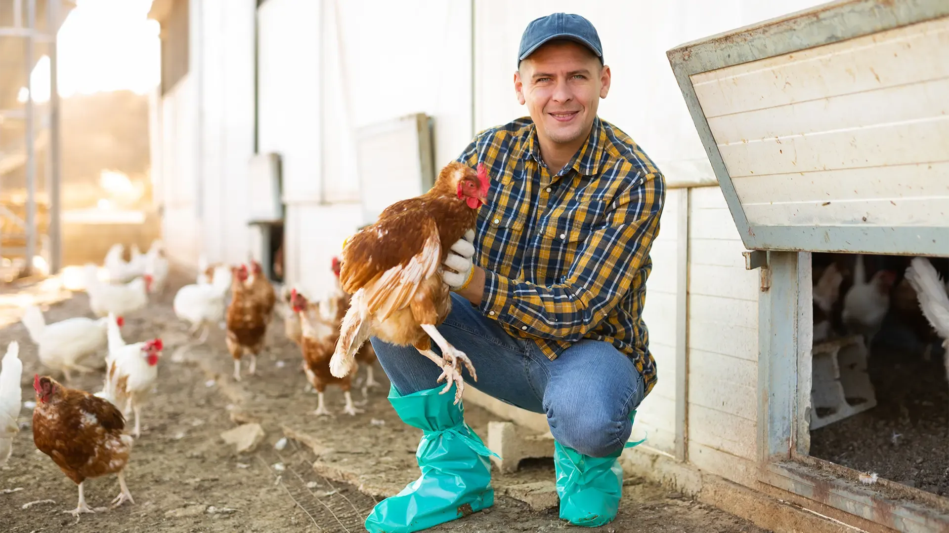 A man holds a chicken wearing gloves and boot covers
