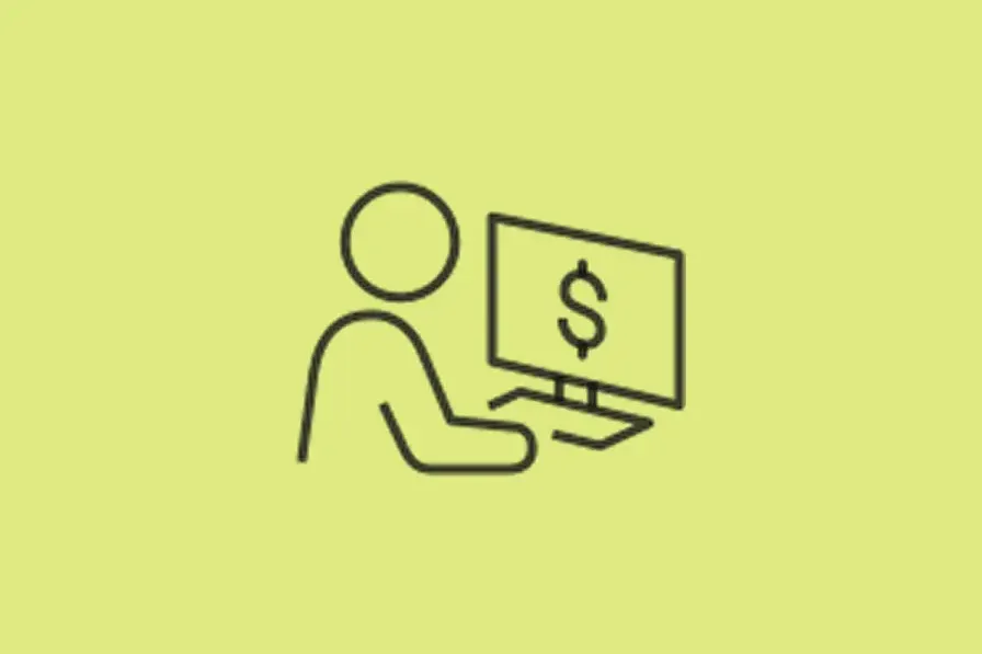 Icon of buying plants online with a computer screen displaying a potted plant
