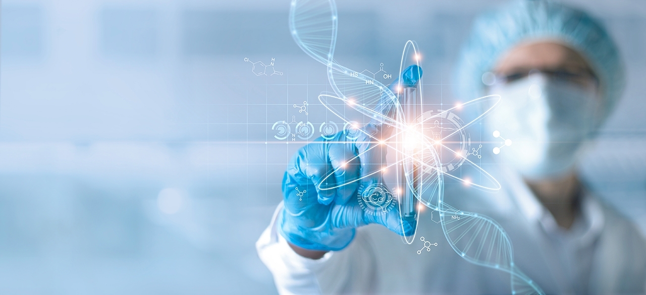 masked lab worker with a test tube and graphics overlayed