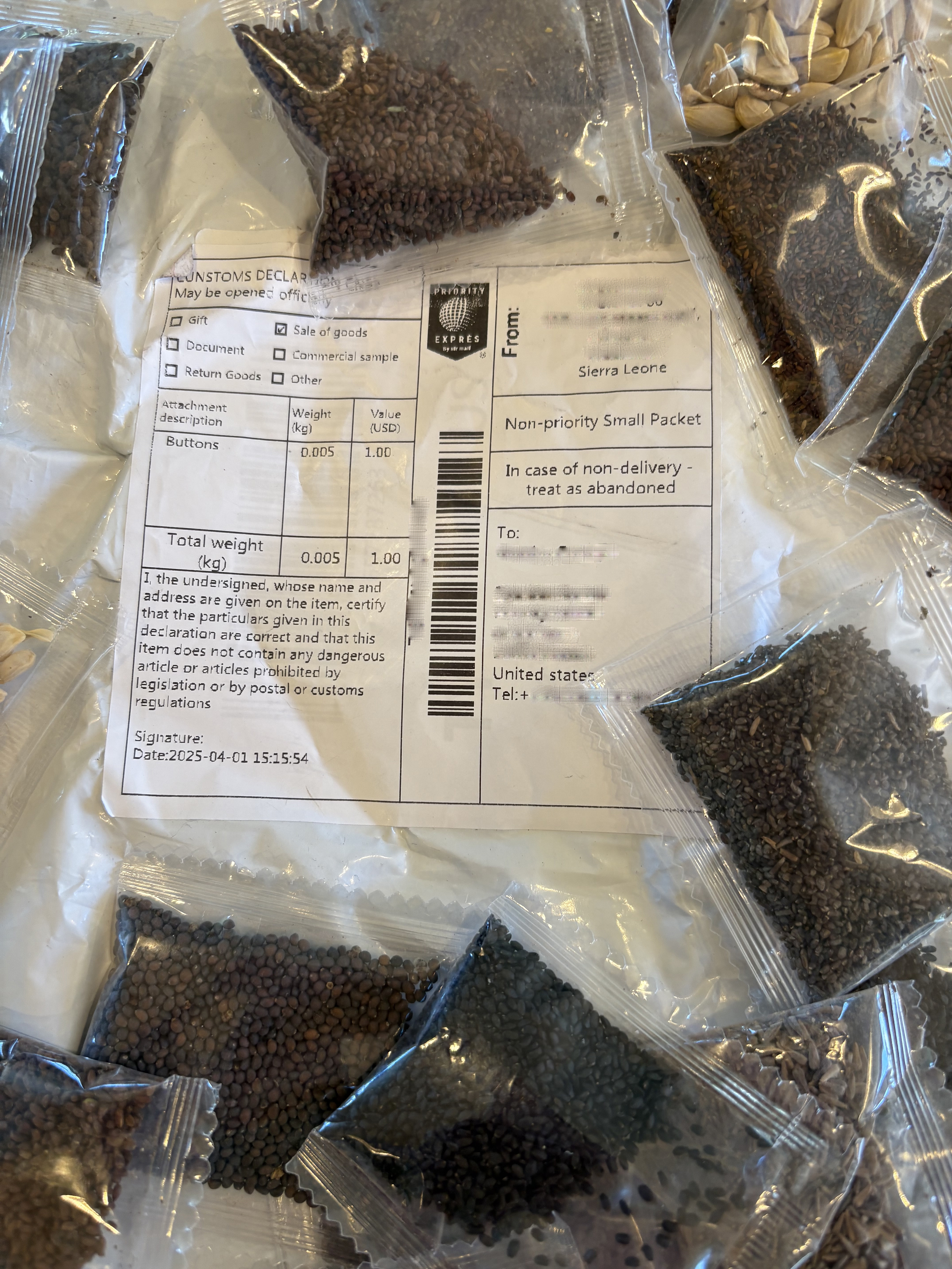 misdeclared package of seeds