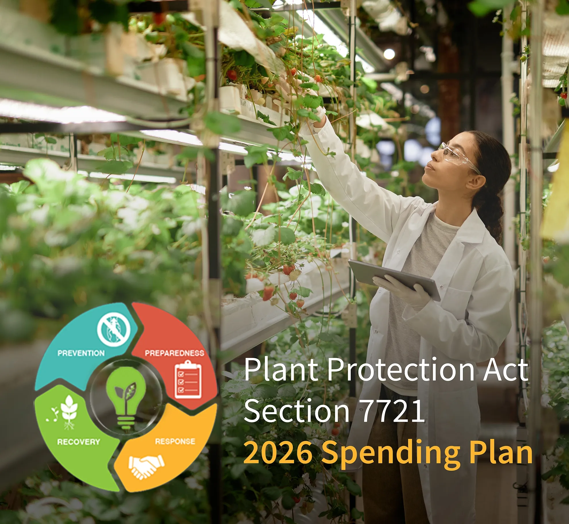 plant health professional in a lab coat looking at plants in a greenhouse with the words Plant Protection Act Section 7721 2026 Spending Plan overlayed on image next to a PPA 7721 graphic showing the goal areas