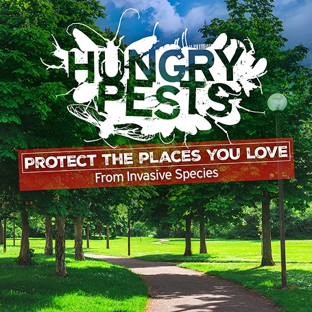 image of tree-lined path in a park with "Hungry Pests" and "Protect the Places You Love From Invasive Species" overlayed