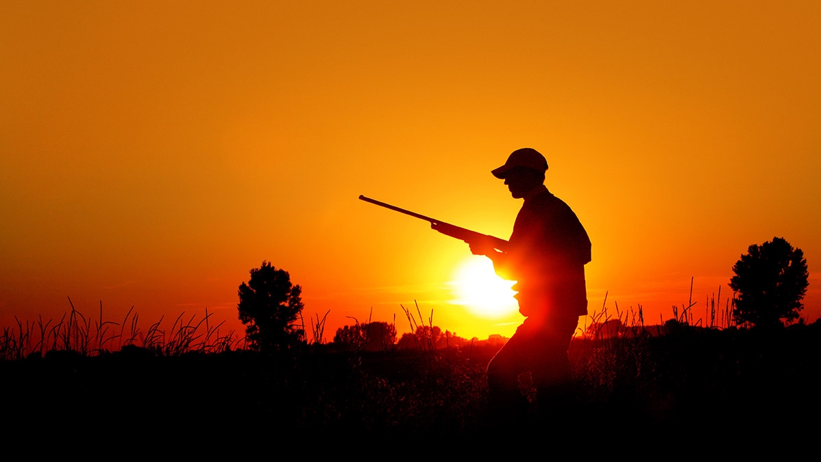 silhouette of hunters outdoors against an orange sky